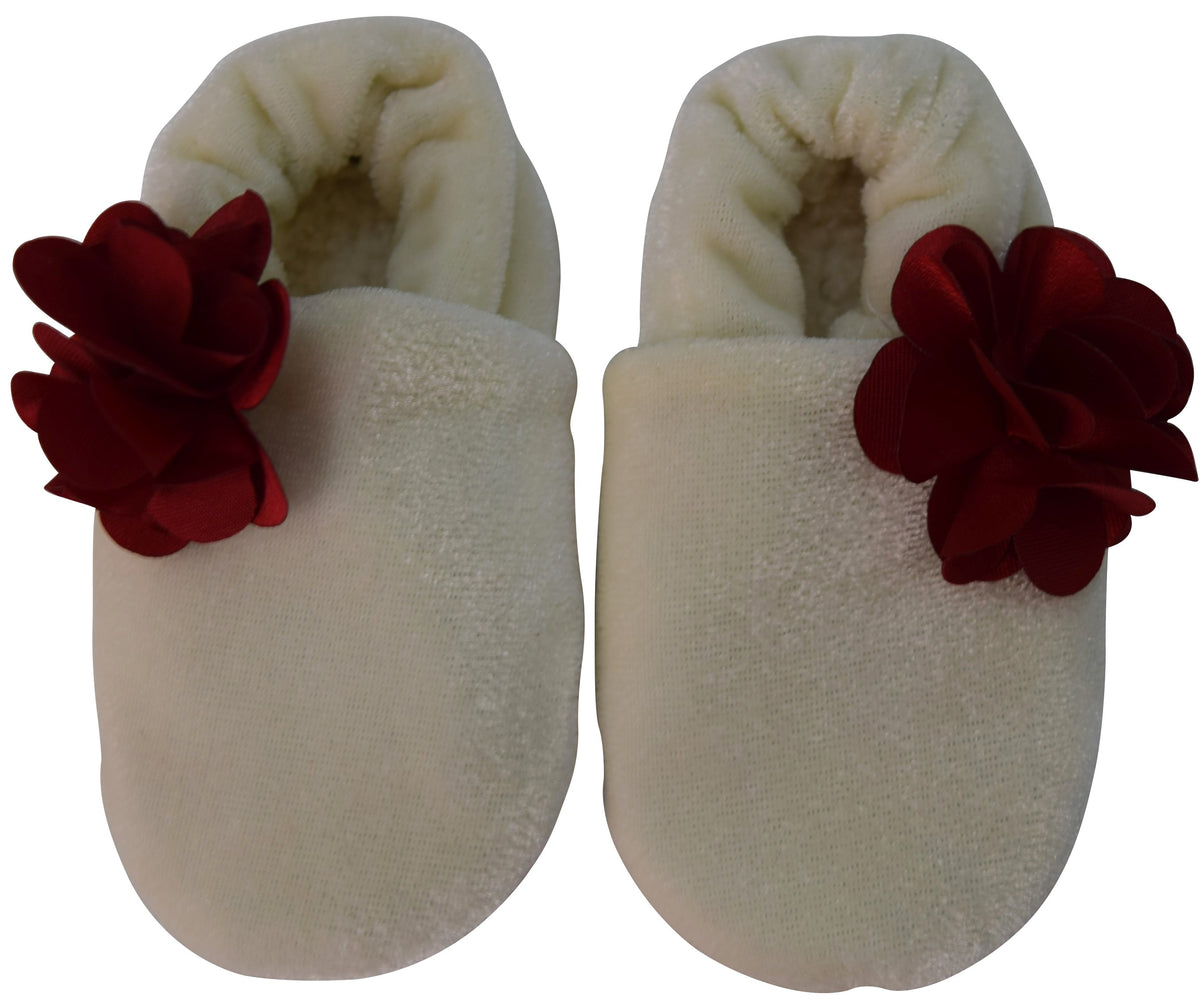 Kids Footwear_Cream Velvet with Maroon flower Booties