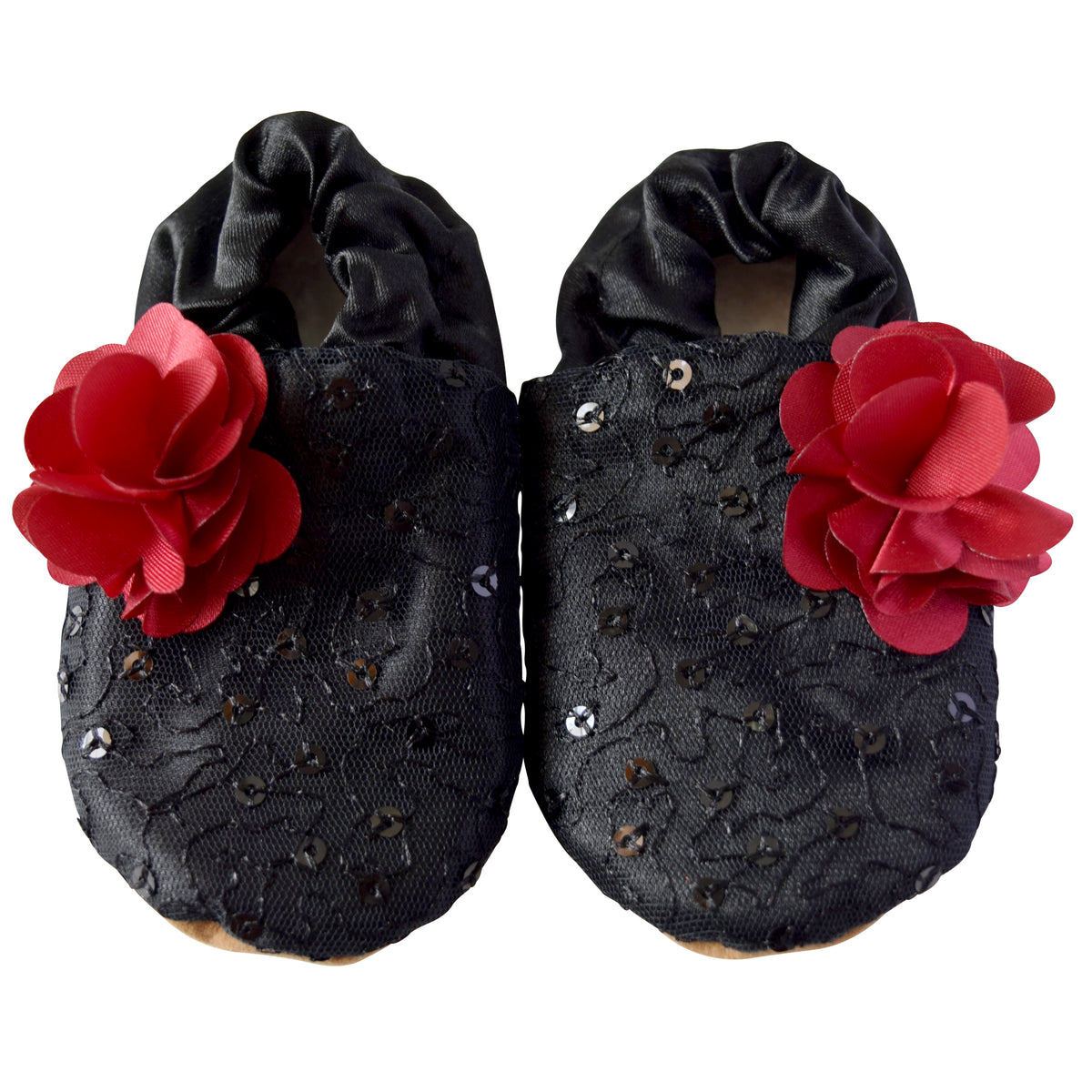 Kids Shoes_Black Mono Lace on Black Satin with Maroon Flower Booties